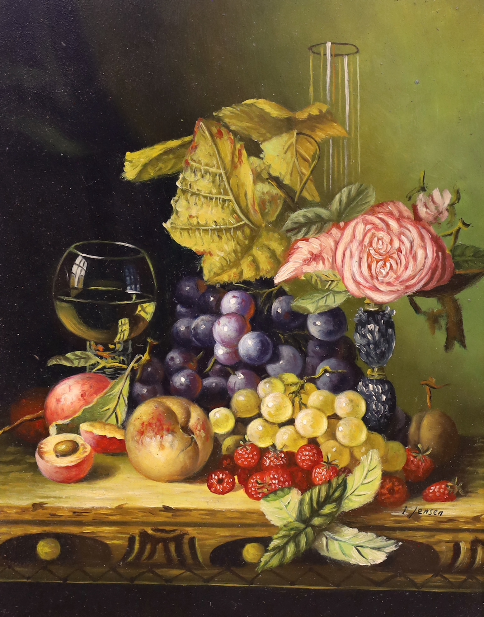 L. Jensen (Contemporary), oil on board, Still life of fruit and flowers, signed, 24 x 19cm, ornate gilt frame